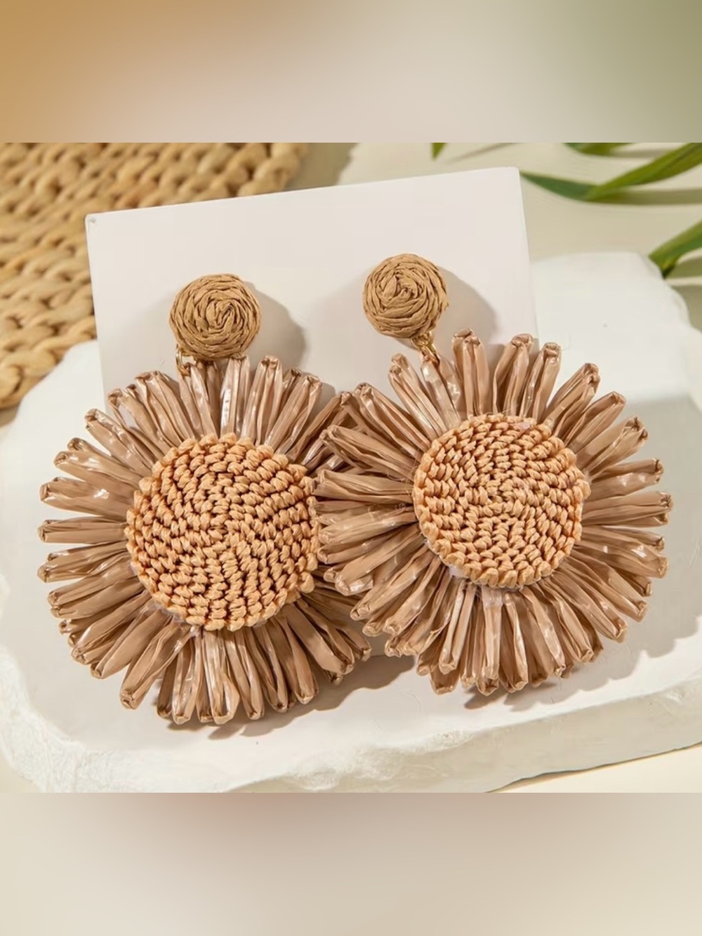 Handwoven Tan Floral Drop Earrings - Brand
